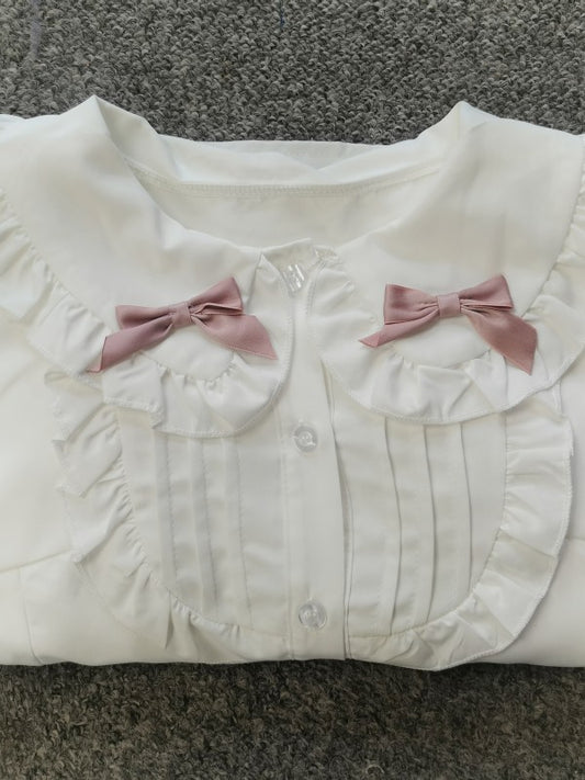 Pink bow collar lace short sleeves blouse