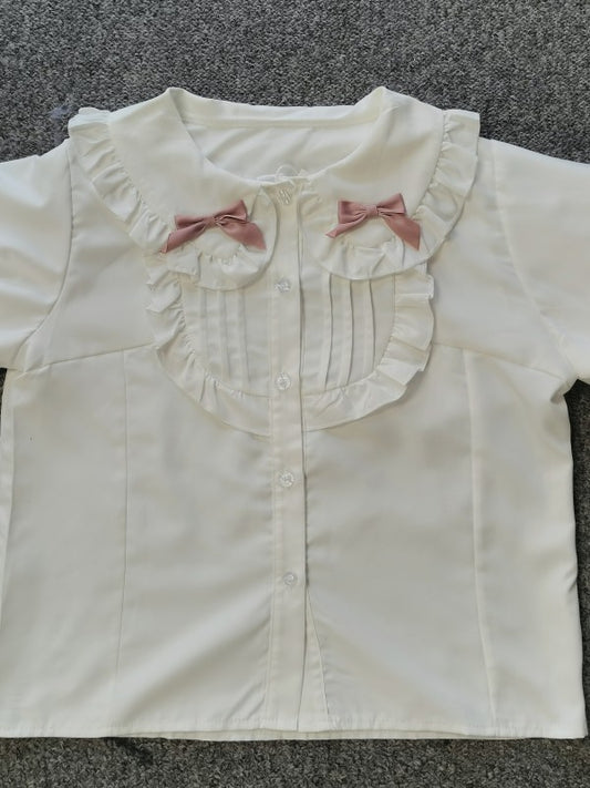 Pink bow collar lace short sleeves blouse