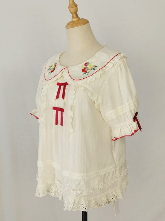 Bow Lolita Doll Collar Cute Strawberry Embroidery Blouse