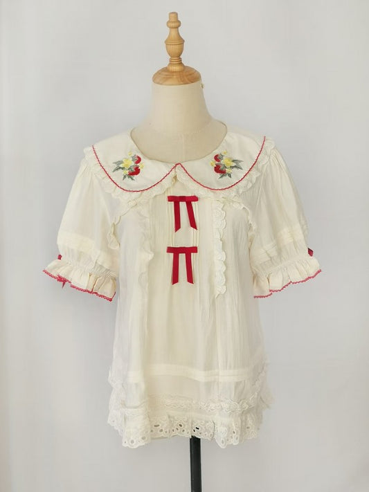 Bow Lolita Doll Collar Cute Strawberry Embroidery Blouse