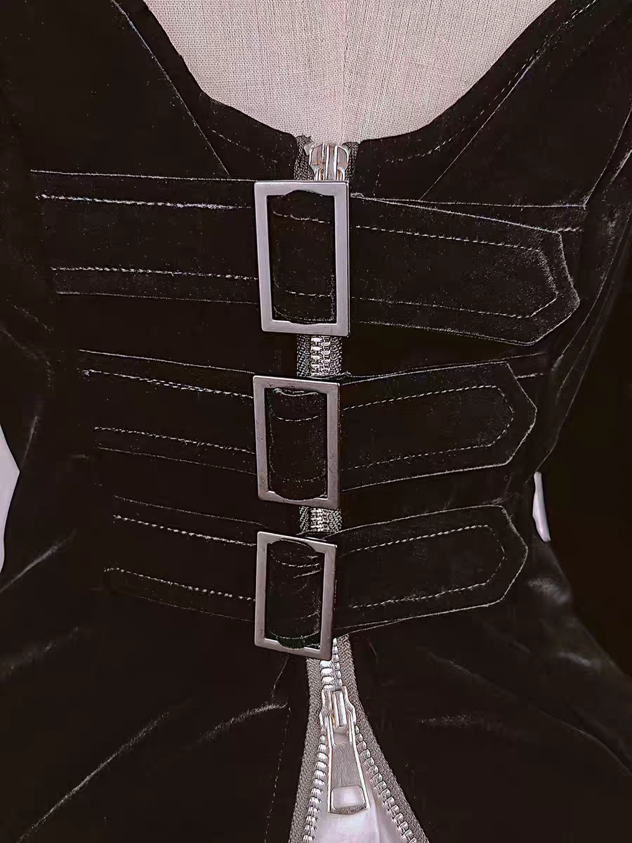 【 Dark Night Mission 】 Long Velvet Tip Collar Zipper Buckle Coat