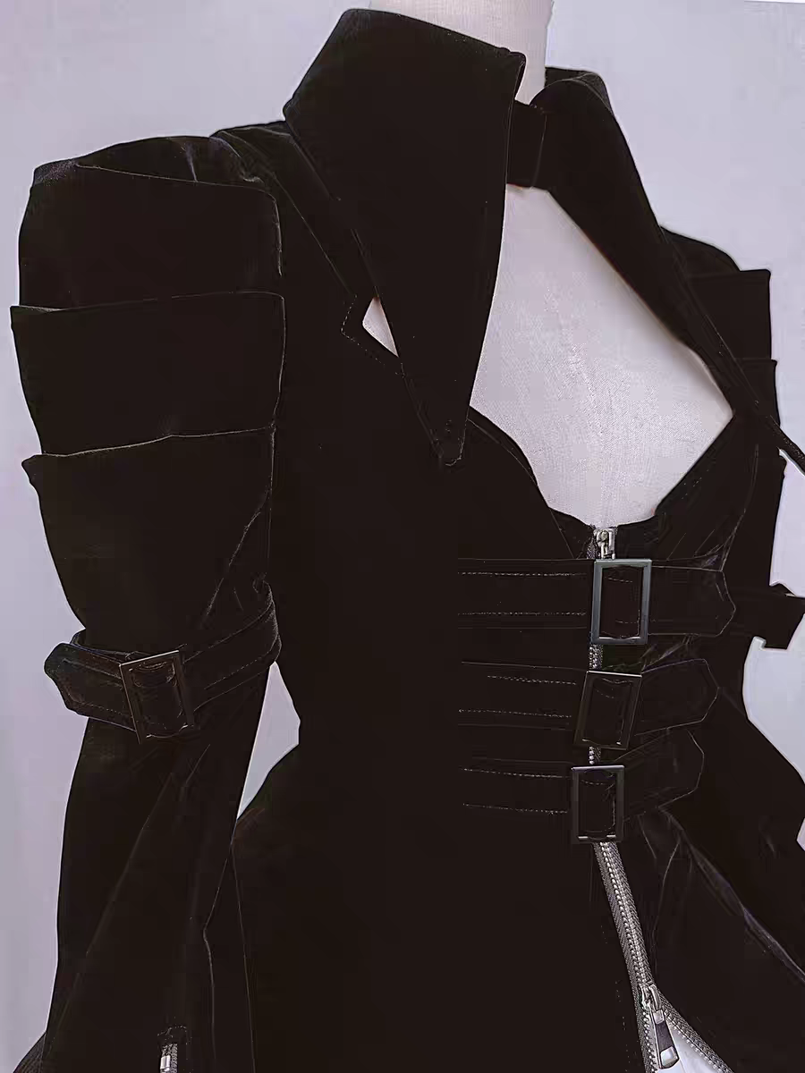 【 Dark Night Mission 】 Long Velvet Tip Collar Zipper Buckle Coat