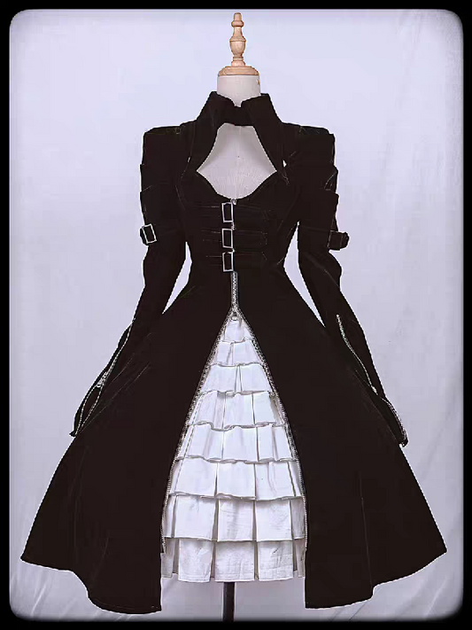 【 Dark Night Mission 】 Long Velvet Tip Collar Zipper Buckle Coat