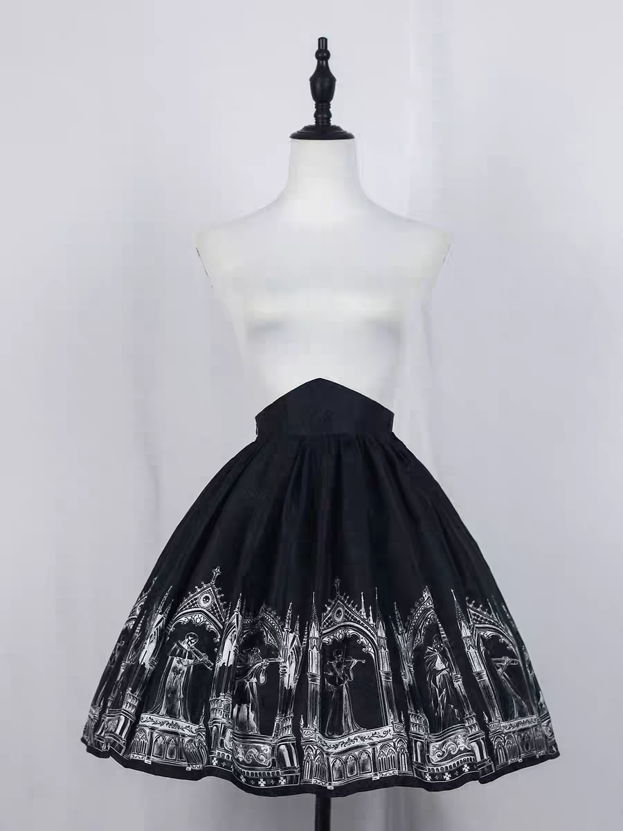 【Nocturne of the Dead】Printed high waisted skirt with elastic fit