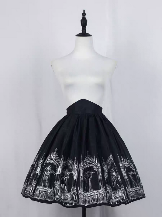 【Nocturne of the Dead】Printed high waisted skirt with elastic fit