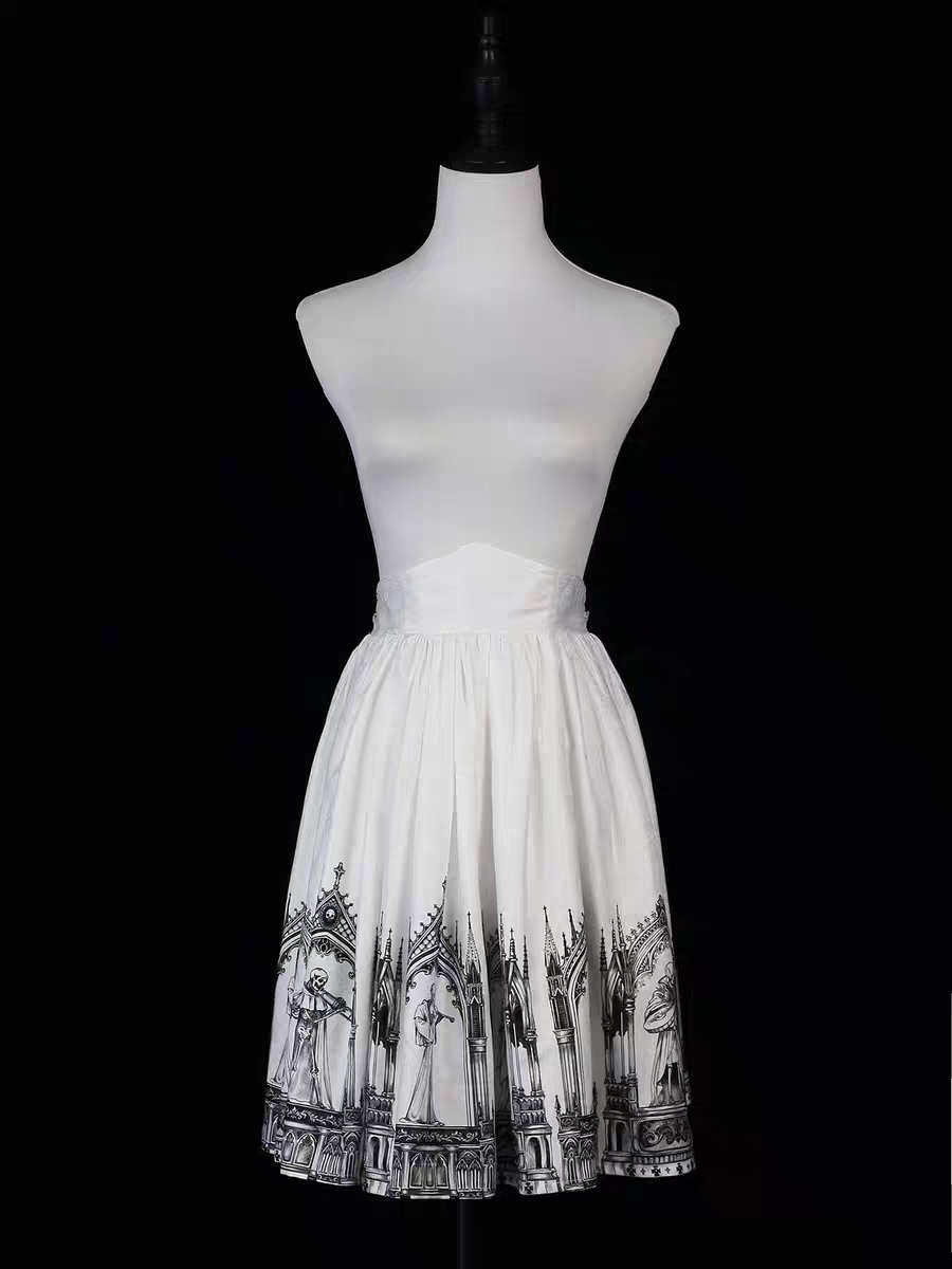 【Nocturne of the Dead】Printed high waisted skirt with elastic fit