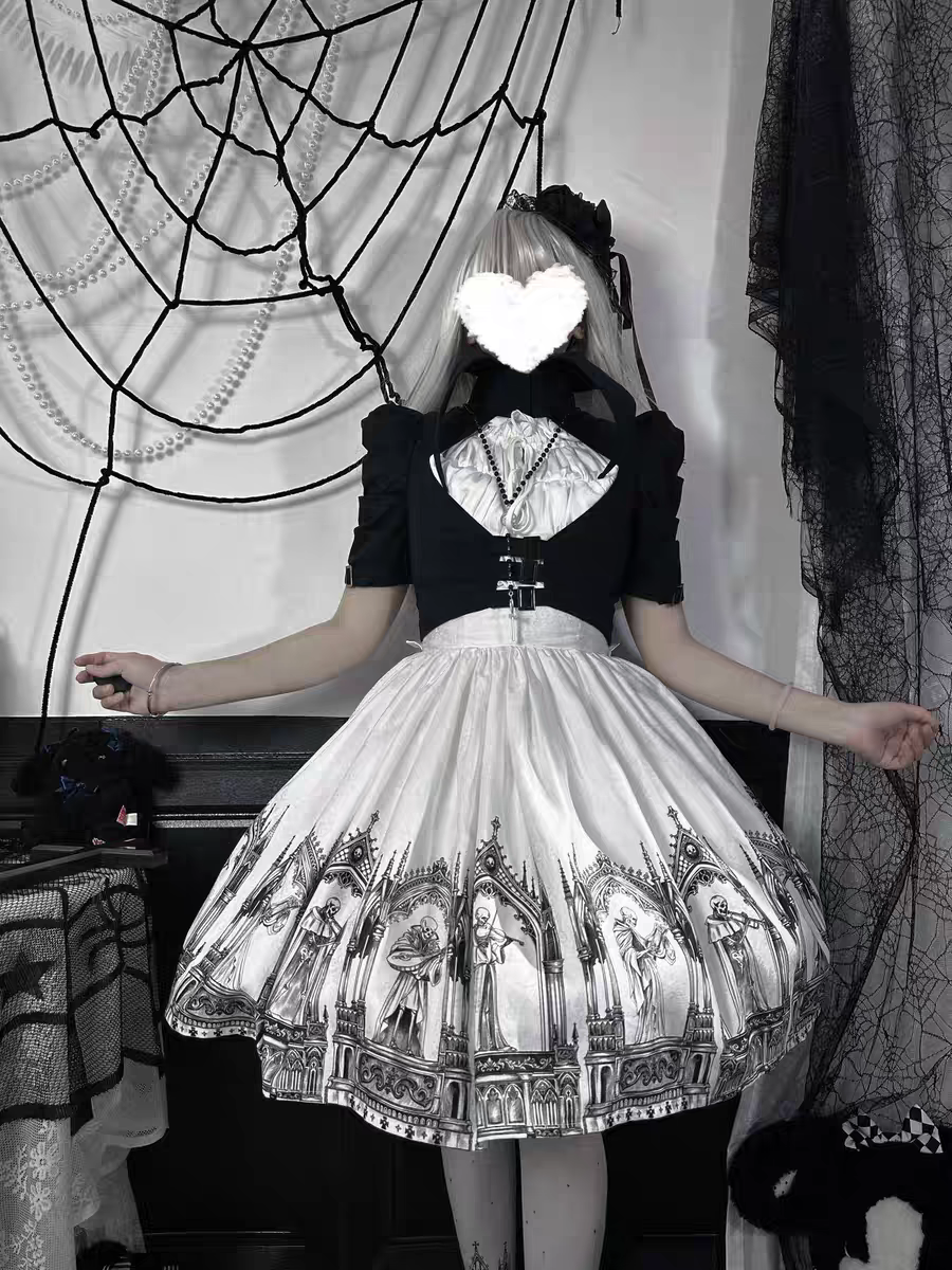 【Nocturne of the Dead】Printed high waisted skirt with elastic fit
