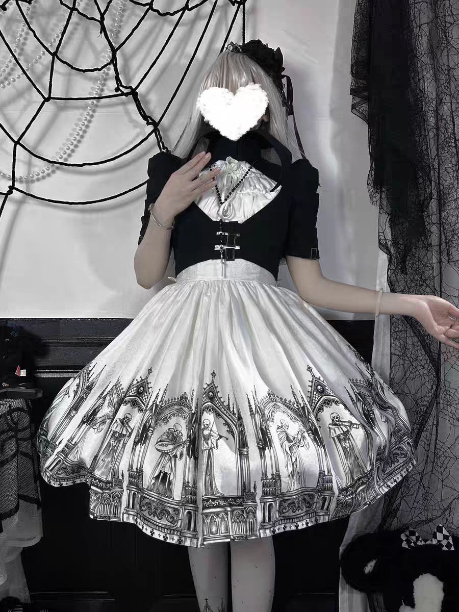 【Nocturne of the Dead】Printed high waisted skirt with elastic fit