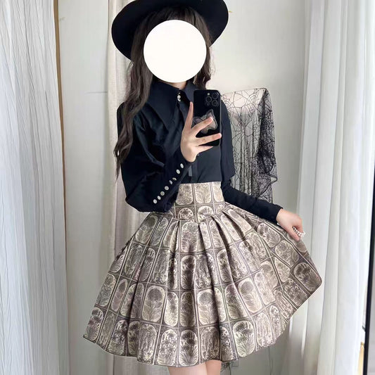 Plant Catalog High Waist X-Fold SK Half Skirt with Elasticity Original Printed Two Color