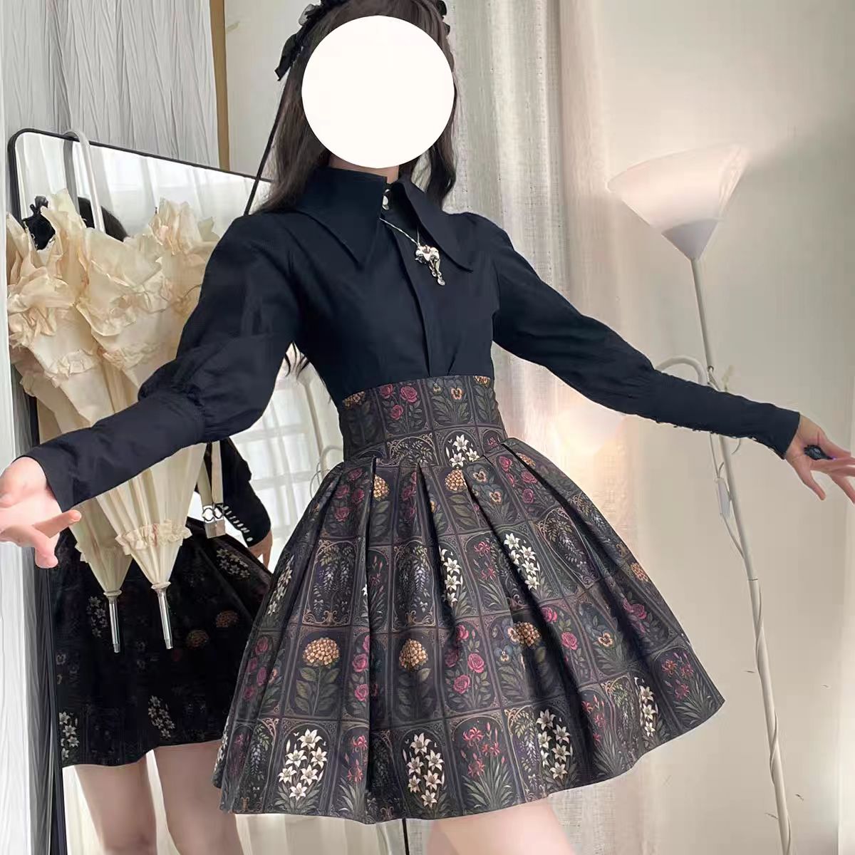 Plant Catalog High Waist X-Fold SK Half Skirt with Elasticity Original Printed Two Color