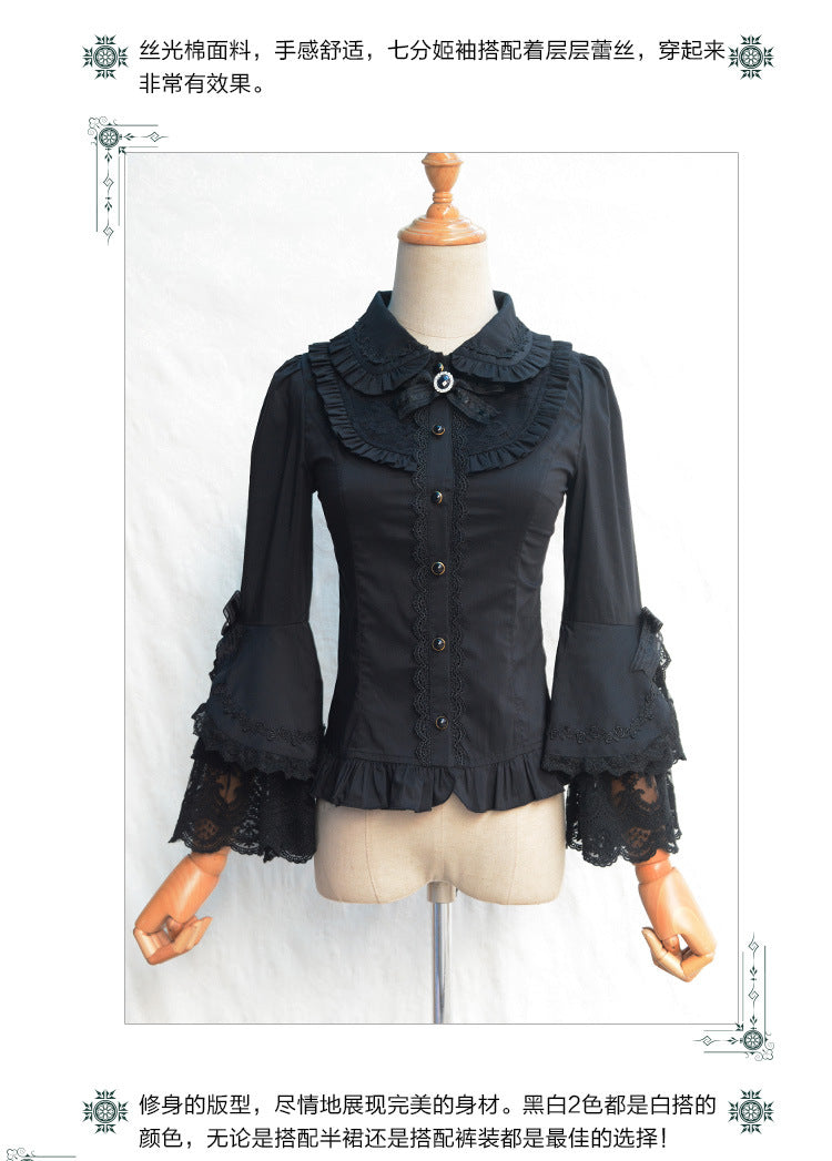 'Rose after the Rain' Silky Cotton Lace Sleeves Slimming Shirt