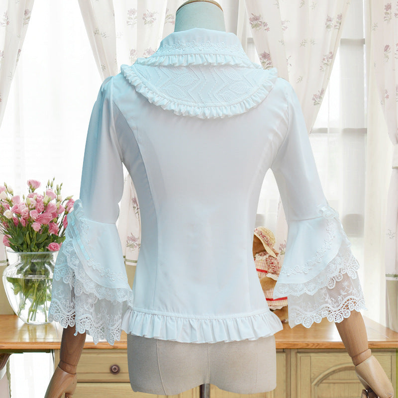 'Rose after the Rain' Silky Cotton Lace Sleeves Slimming Shirt