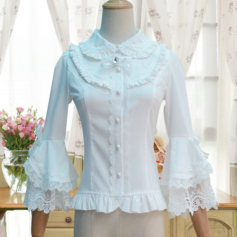 'Rose after the Rain' Silky Cotton Lace Sleeves Slimming Shirt