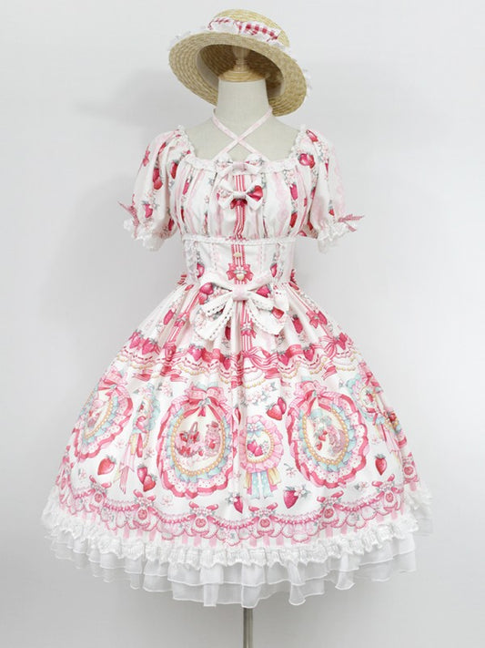 Sweet Strawberry Rabbit Print Short Sleeve Lolita One-piece OP