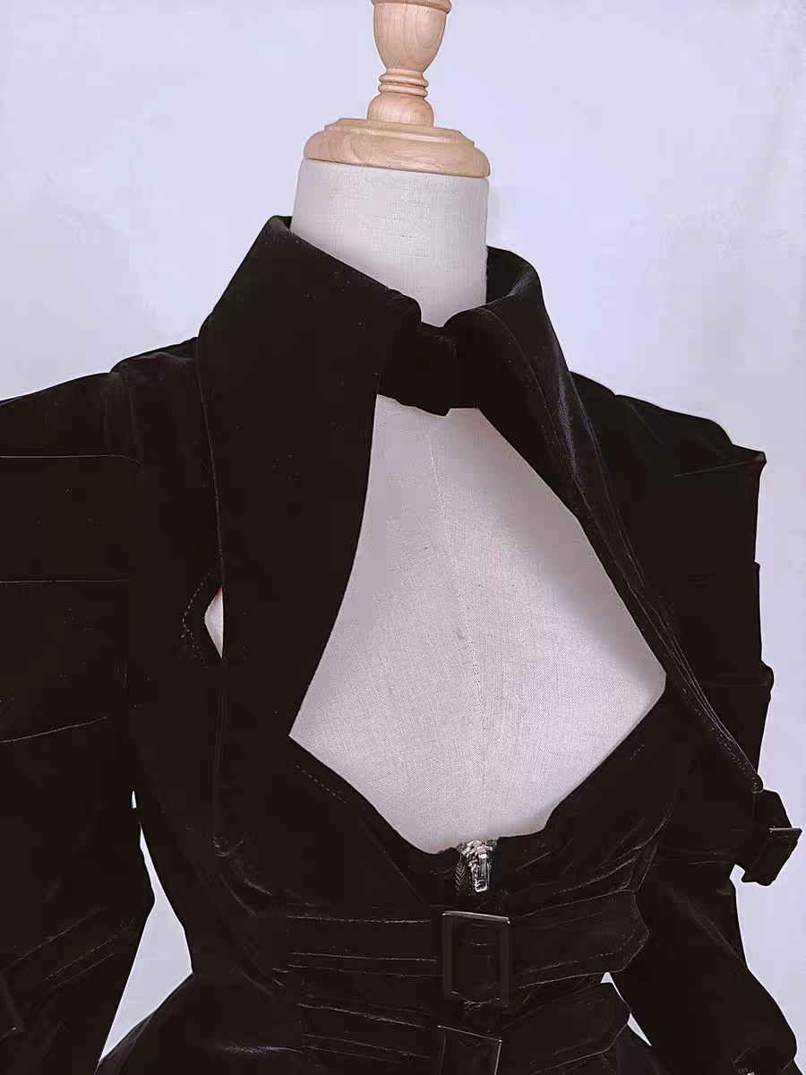 【 Dark Night Mission 】 Long Velvet Tip Collar Zipper Buckle Coat
