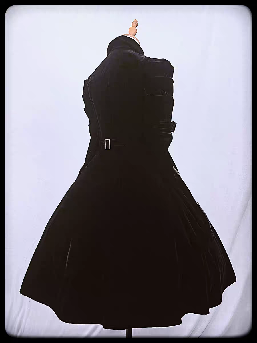 【 Dark Night Mission 】 Long Velvet Tip Collar Zipper Buckle Coat