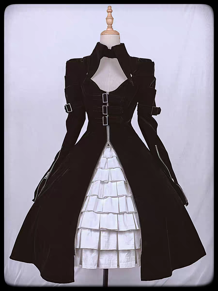 【 Dark Night Mission 】 Long Velvet Tip Collar Zipper Buckle Coat