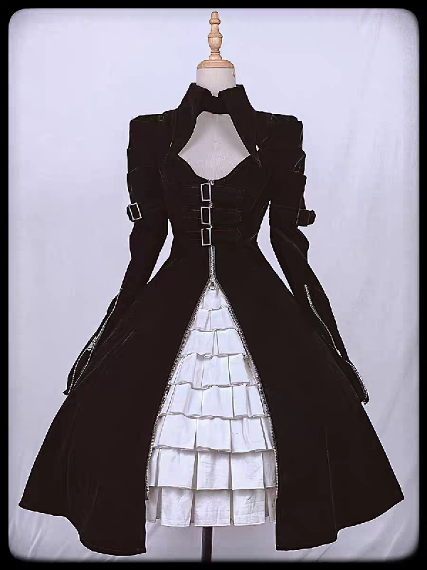 【 Dark Night Mission 】 Long Velvet Tip Collar Zipper Buckle Coat