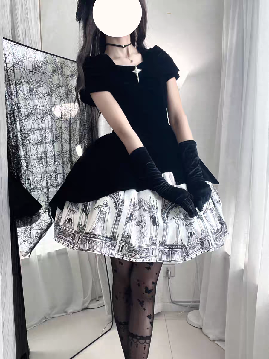 【Nocturne of the Dead】Printed high waisted skirt with elastic fit