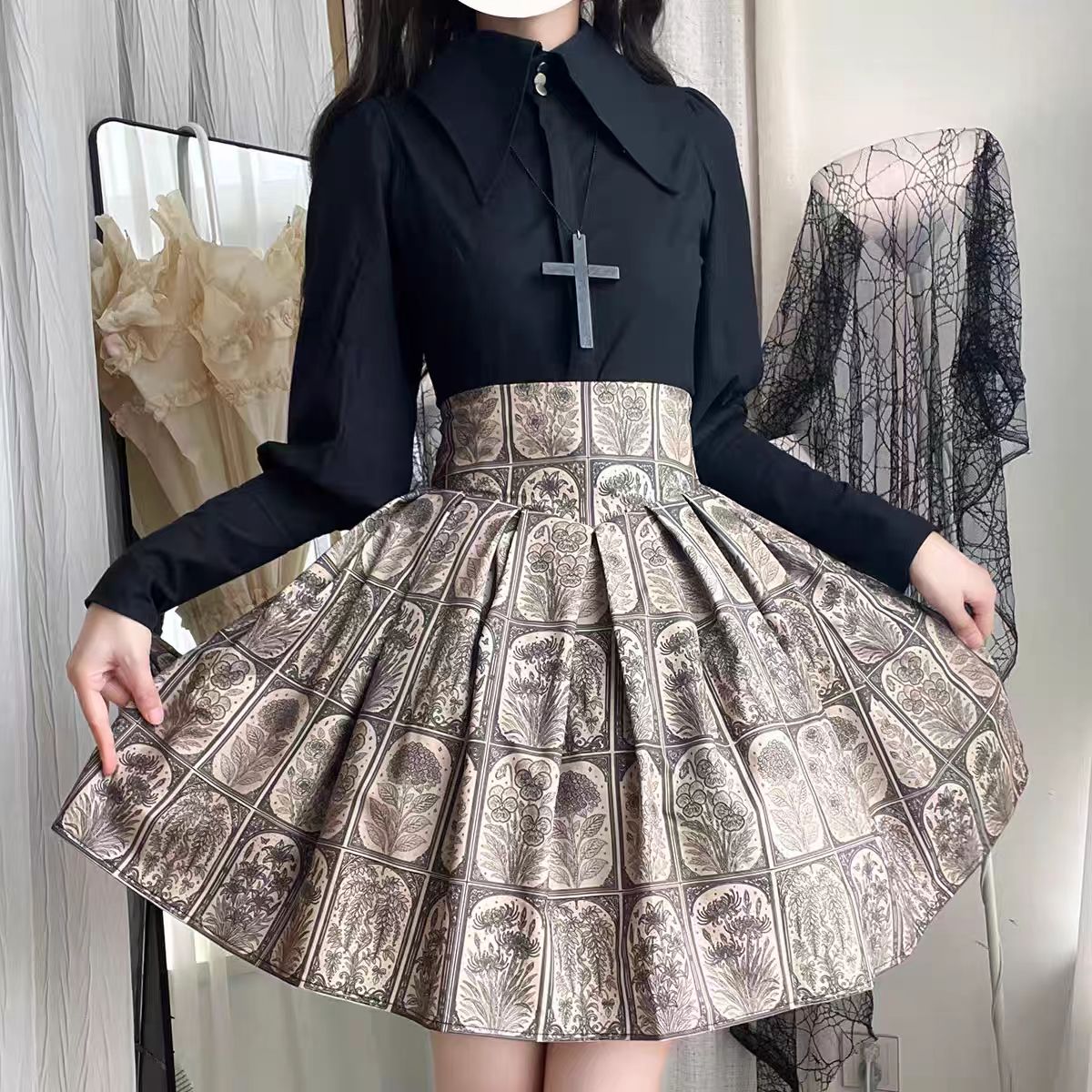 Plant Catalog High Waist X-Fold SK Half Skirt with Elasticity Original Printed Two Color