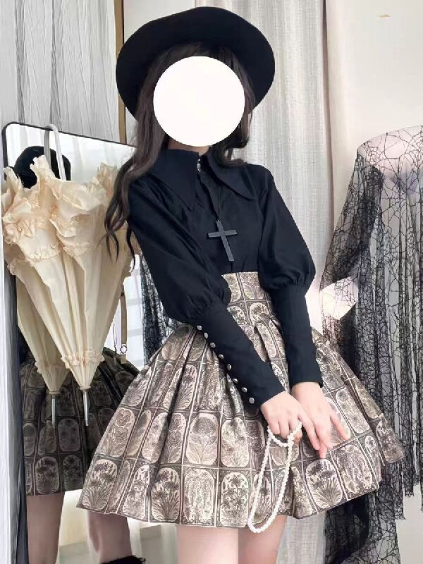 Plant Catalog High Waist X-Fold SK Half Skirt with Elasticity Original Printed Two Color