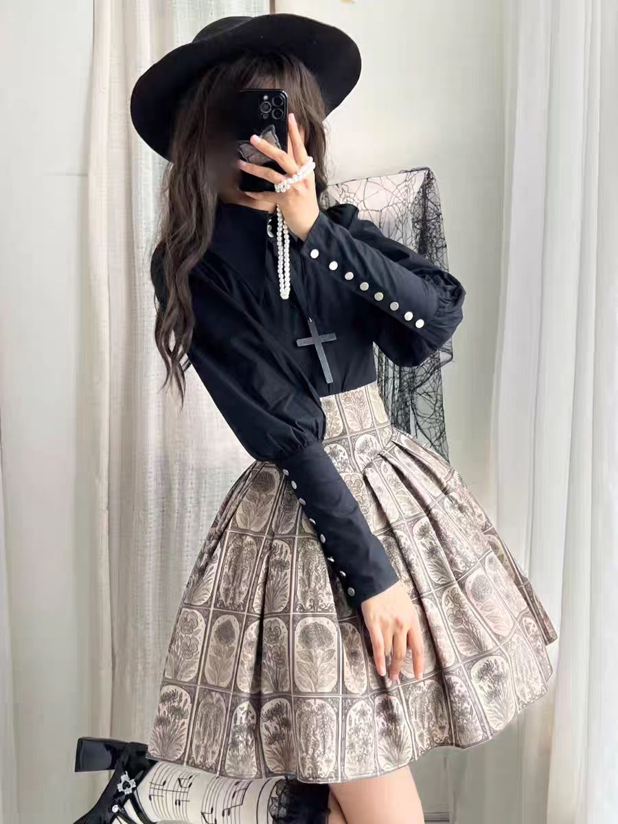 Plant Catalog High Waist X-Fold SK Half Skirt with Elasticity Original Printed Two Color