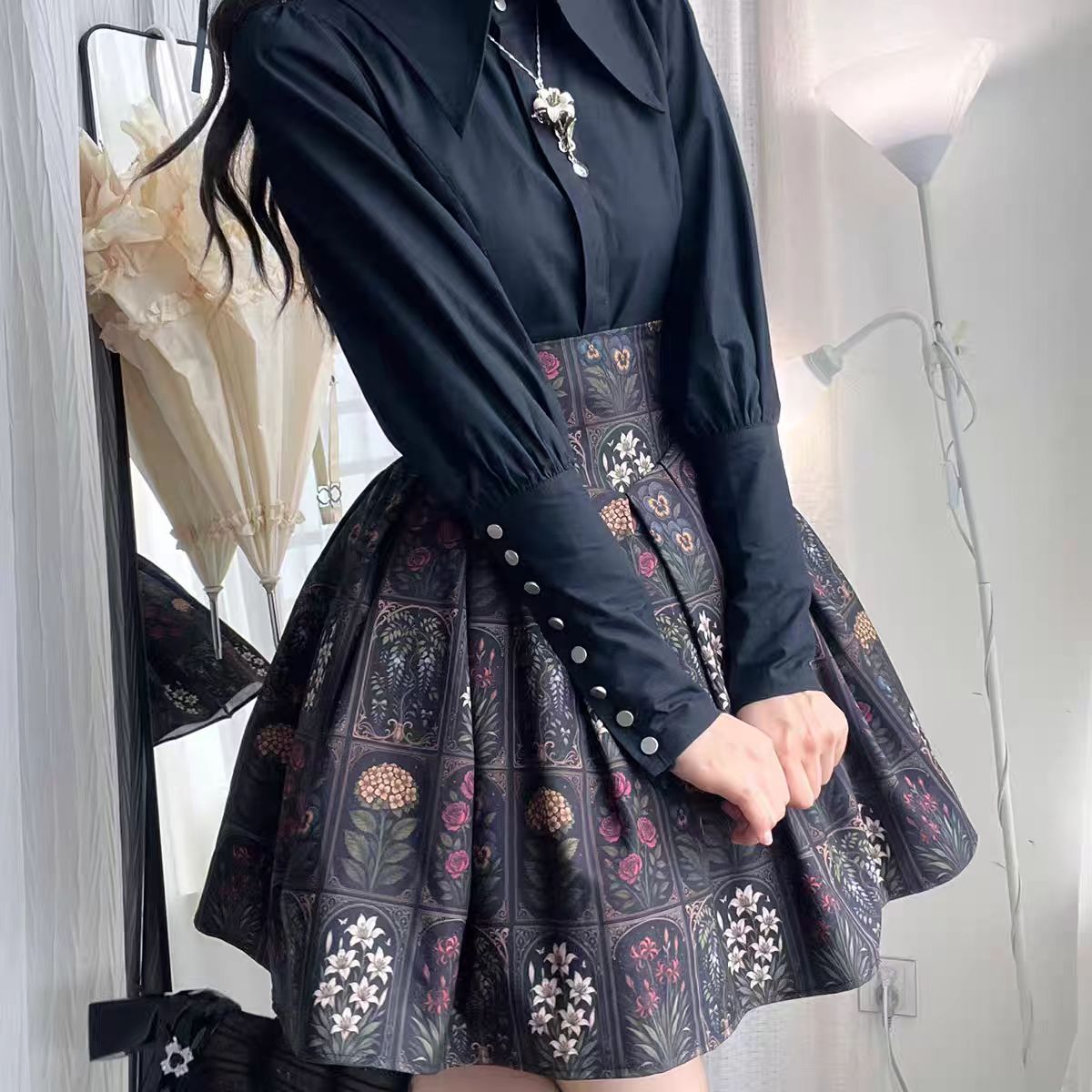 Plant Catalog High Waist X-Fold SK Half Skirt with Elasticity Original Printed Two Color