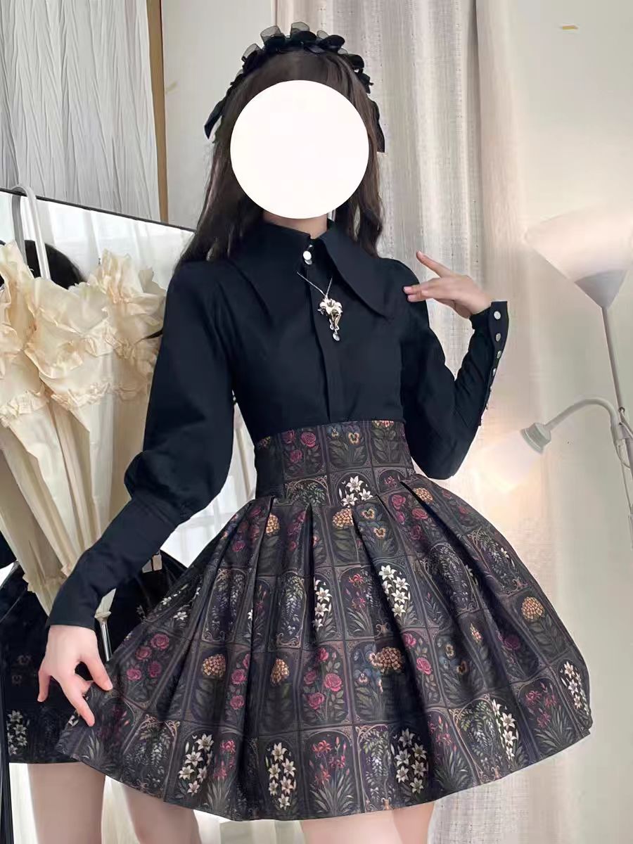 Plant Catalog High Waist X-Fold SK Half Skirt with Elasticity Original Printed Two Color