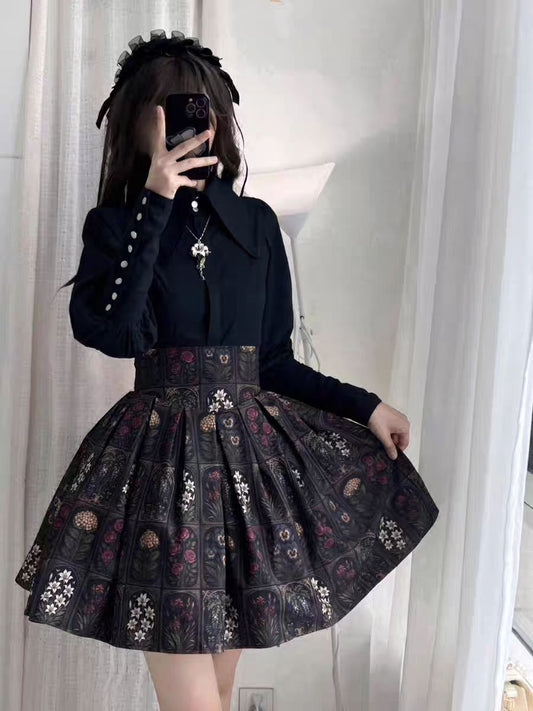 Plant Catalog High Waist X-Fold SK Half Skirt with Elasticity Original Printed Two Color