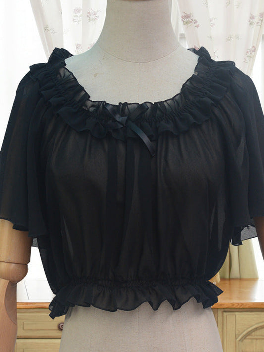 One necked chiffon lolita base shirt with elastic lace and ruffle edges