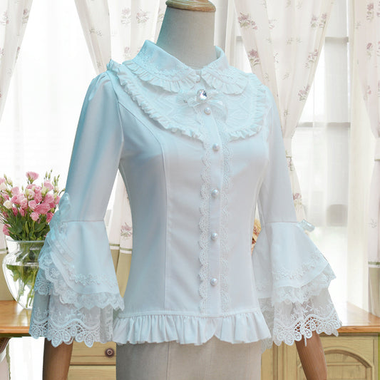 'Rose after the Rain' Silky Cotton Lace Sleeves Slimming Shirt