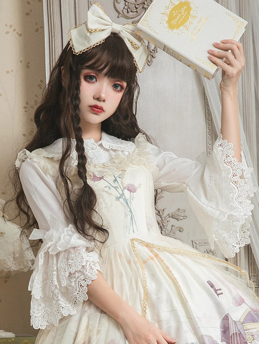 'Rose after the Rain' Silky Cotton Lace Sleeves Slimming Shirt