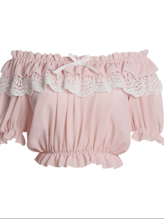 Lolita elastic bubble sleeves lace ruffle edge strapless
