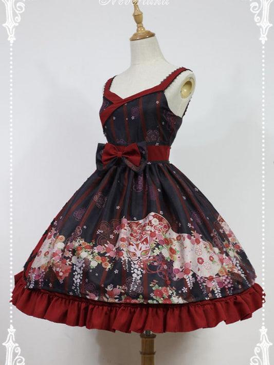 Haunted Night Red and Black Print Nine Tails Fox JSK Lolita Suspender Dress