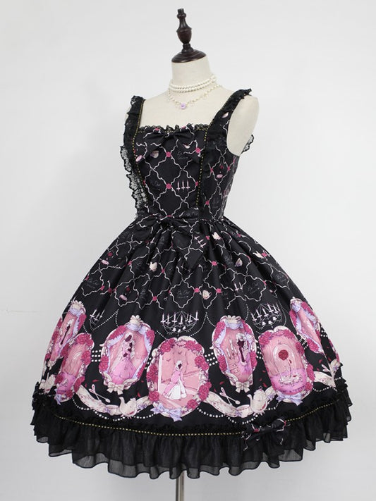 Sweet Vintage Beauty and Beast Print Lolita Jumperskirt