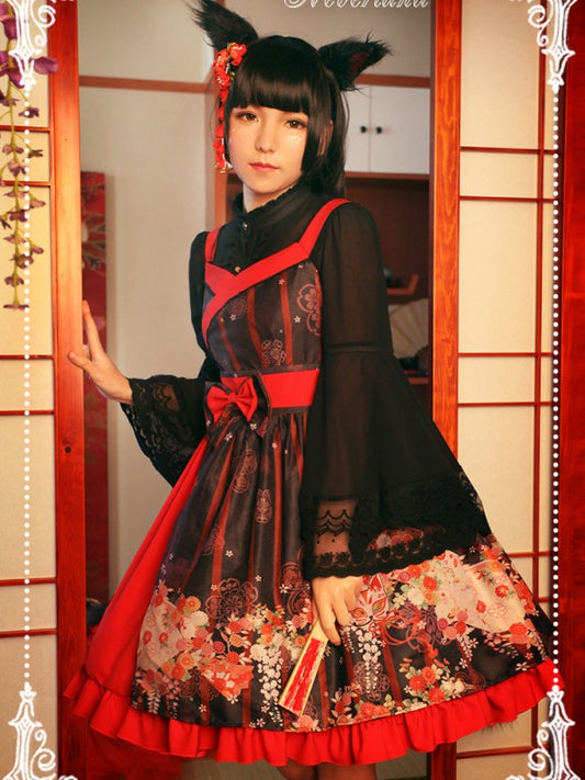 Haunted Night Red and Black Print Nine Tails Fox JSK Lolita Suspender Dress