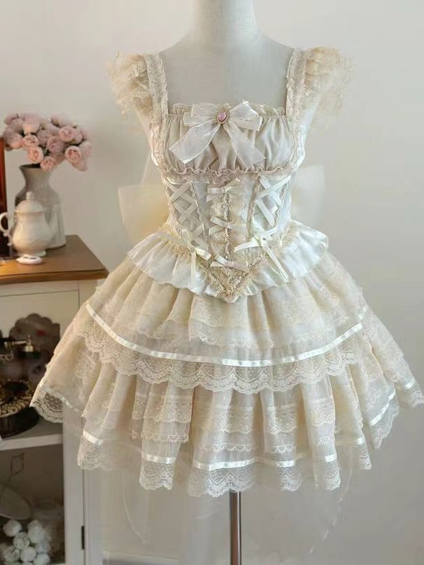  Lolita Dress Ballet Wind Flower Wedding JSK Strap Dress apricot（Having a tail wing）