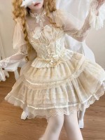  Lolita Dress Ballet Wind Flower Wedding JSK Strap Dress apricot（Having a tail wing）