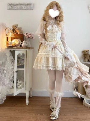  Lolita Dress Ballet Wind Flower Wedding JSK Strap Dress apricot