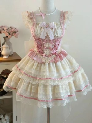  Lolita Dress Ballet Wind Flower Wedding JSK Strap Dress pink