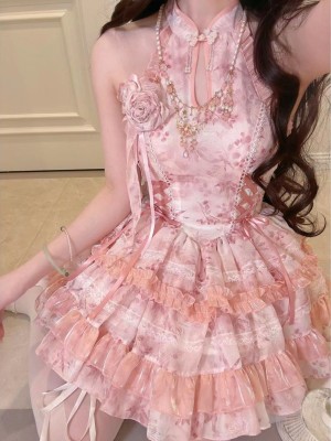 Lolita Chinese style hanging neck dress pink