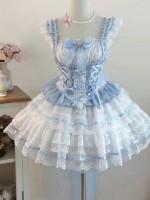  Lolita Dress Ballet Wind Flower Wedding JSK Strap Dress blue