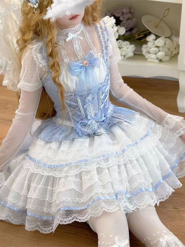  Lolita Dress Ballet Wind Flower Wedding JSK Strap Dress blue