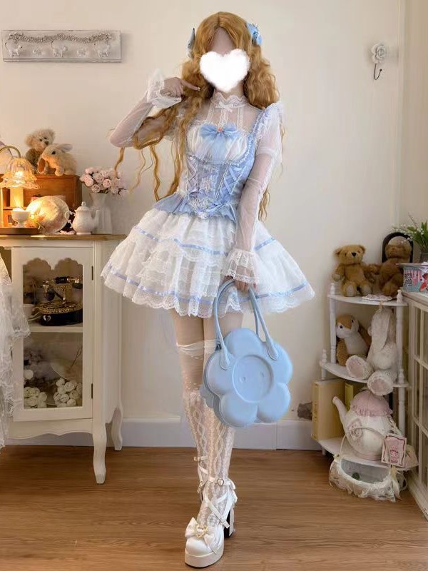  Lolita Dress Ballet Wind Flower Wedding JSK Strap Dress blue