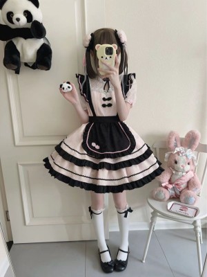 Lolita cute Chinese style short sleeved op dress Black and pink（girdl）