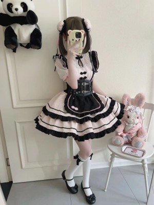 Lolita cute Chinese style short sleeved op dress Black and pink