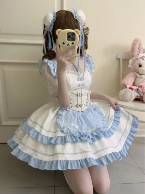 Lolita cute Chinese style short sleeved op dress blue