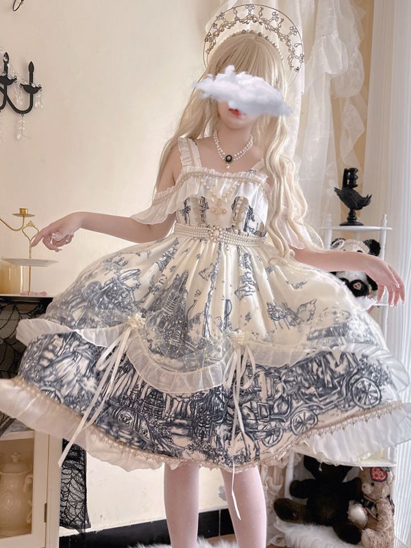 White Gothic Lolita Castle Feast Dark Halloween JSK Suspender Dress