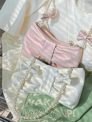Girls Pearl Bow Underarm Bag Small Fresh Fairy Bag Korean Style Single Shoulder Handbag Crossbody Bag