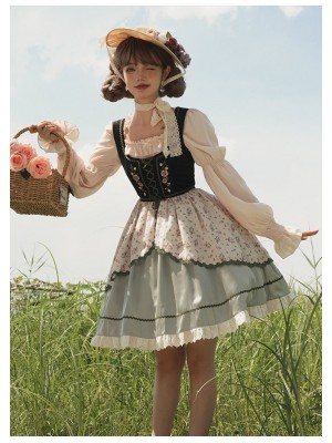 Fresh Country Style Embroidery Print JSK Suspender Skirt